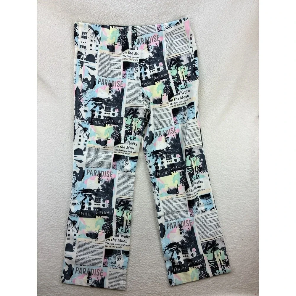 Princess Polly Chino Pants Womens 12 White Newspaper Print Paradise Streetwear